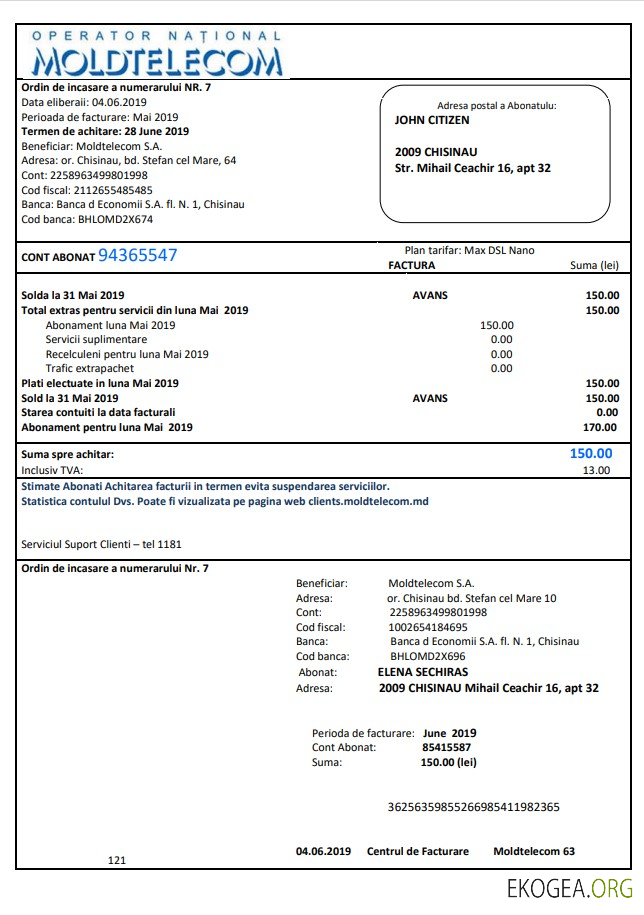 Moldova Moldtelecom utility bill template in Word and PDF format, fully editable